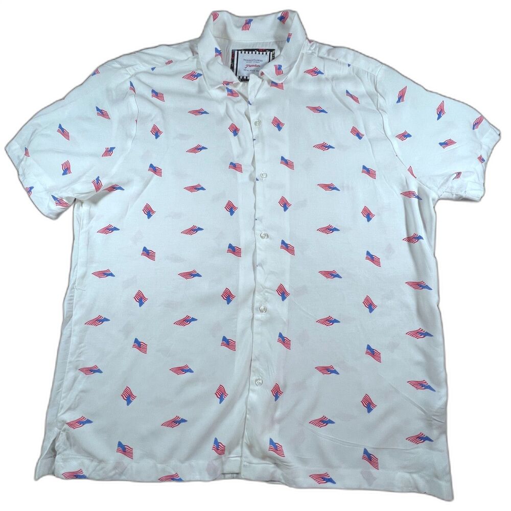 Men Denim & Flower Ricky Singh SS Freedom Flag Print Camp Shirt White XL